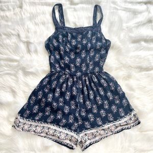 Abercrombie & Fitch Cottagecore Navy Blue Floral Lace Romper Jumpsuit | Size XS